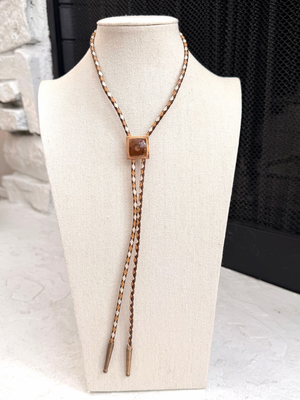 Vintage Bolo Necklace Braided Leather Brown Stone Brass 34”